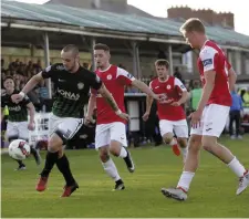  ??  ?? Dylan Connolly of Bray Wanderers in possession closely followed by Sligo Rovers’ Liam Martin on Friday night.