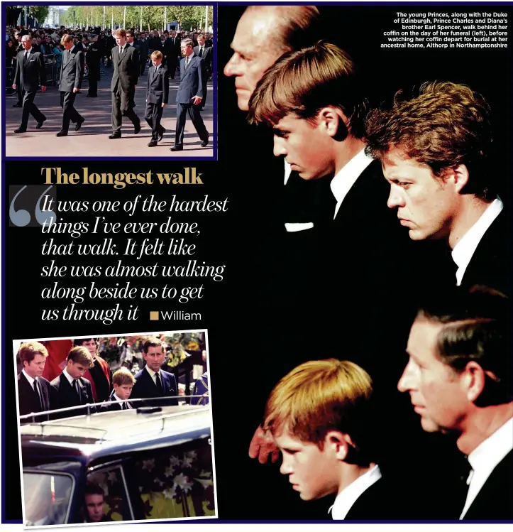  ??  ?? The young Princes, along with the Duke of Edinburgh, Prince Charles and Diana’s brother Earl Spencer, walk behind her coffin on the day of her funeral (left), before watching her coffin depart for burial at her ancestral home, Althorp in Northampto­nshire