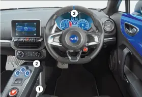  ??  ?? ALPINE A110 2 11 Tray between the seats is about all the storage space you get. Quick cornering empties it 3 2 This slot is for the A110’s key card, but it’s also a great place to stash a phone 3 Digital instrument­s are standard and change depending on which driving mode you’re inBEST DRIVING POSITION