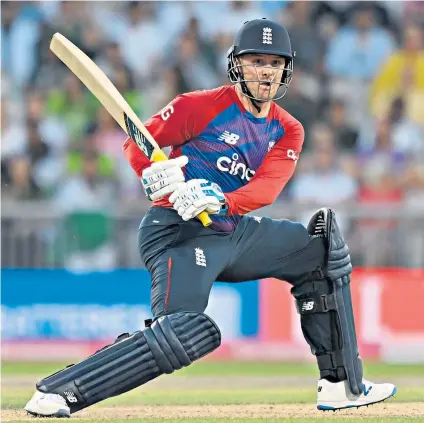  ??  ?? Hit man: Jason Roy reverse-sweeps to the boundary during his spectacula­r innings of 64 off just 36 balls at Old Trafford last night