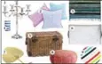  ?? THE WASHINGTON POST ?? For a country picnic, from left to right: 1. 5-light candelabra; 2. Decorative pillow; 3. Sari area rug; 4. Navy striped pen cup; 5. Lidded basket; 6. Decorative tray; 7. Straw hand fan; 8. Kantha patchwork pouf; 9. Melamine dinner plate.