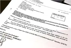  ??  ?? Photo shows the letter dated Oct 29, 2018 – informing the contractor about the works to be excluded for the months of November and December last year.