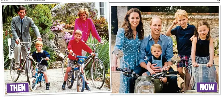  ??  ?? THEN NOW FAMILY FUN: William, aged seven, with four-year-old Harry, Diana and Charles off for a bike ride on Tresco during a holiday in 1989. Right: William and Kate with children George, Charlotte and Louis