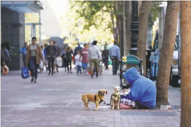  ?? Lea Suzuki / The Chronicle ?? Megan Doudney holds infant daughter Nedahlia as she sits each day at the same spot on Market Street, where she panhandles to supplement her fixed income. With her are her dogs, Bruno (left) and Petey.