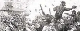  ?? BALTIMORE SUN FILE IMAGE ?? The 6th regiment fires upon the mob on the corner of Frederick and Baltimore streets on July 20, 1877, during the Baltimore & Ohio Railroad Strike.