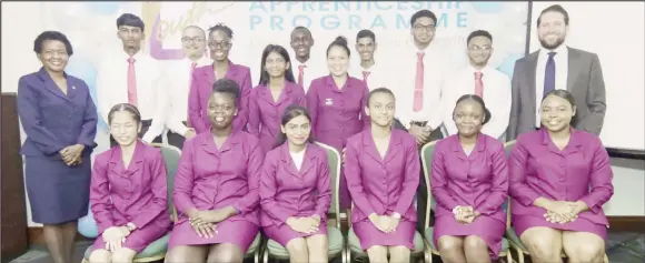  ?? ?? The new batch of apprentice­s with Managing Director, Stephen Grell (standing at right) and General Manager –Operations, Denise Hobbs (standing at left). (Republic Bank (Guyana) Limited photo)