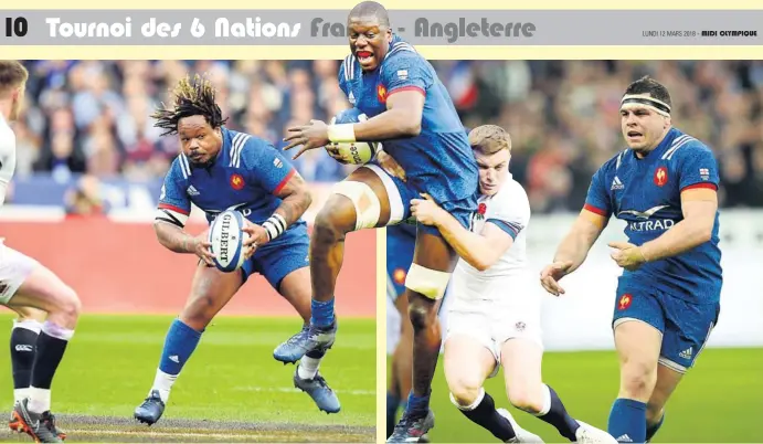  ??  ?? Photos Midi Olympique - Bernard Garcia Mathieu Bastareaud, Yacouba Camara et Guilhem Guirado, trois des meilleurs joueurs français samedi soir.