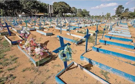  ??  ?? TRISTEZA. El cementerio principal de Manaos, con creciente número de sepulturas cada día, muestra los alcances de la tragedia que golpea a Brasil a raíz del COVID-19.