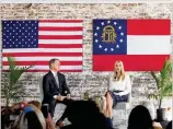  ?? BRANDEN CAMPFOR THE AJC ?? Ivanka Trump, daughter and adviser to President Donald Trump, and Sen. David Perdue conduct a public “conversati­on” on Perdue’s and her father’s behalf Tuesday afternoon at The CowanHisto­ric Mill in Acworth.