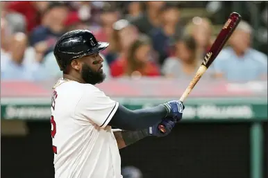  ?? TONY DEJAK — THE ASSOCIATED PRESS ?? Franmil Reyes watches his two-run single during the sixth inning of the Indians’ 9-1win over the Angels Aug. 20.