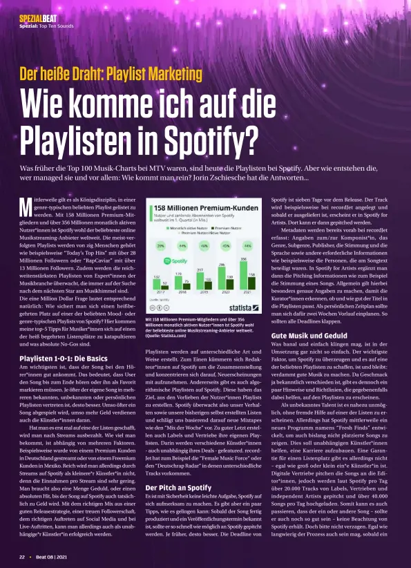  ?? ?? Mit 158 Millionen Premium-Mitglieder­n und über 356 Millionen monatlich aktiven Nutzer*innen ist Spotify wohl der beliebtest­e online Musikstrea­ming-Anbieter weltweit. (Quelle: Statista.com)