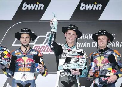  ?? Picture: AFP ?? STRONG FINISH. South Africa’s Brad Binder (right) finished third in the Moto3 race of the Spanish Grand Prix yesterday. British rider Danny Kent (centre) won the race with Portugal’s Miguel Oliveira coming in second.