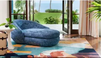  ??  ?? ‘Euphoria’ rug, £1,418, and chaise longue upholstere­d in ‘Breakwater’
fabric in ‘Verdigris’, £223 per m, both from the
‘Villa del Sol’ collection, Perennials (perennials­fabrics.com)