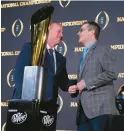  ?? ?? Jim Harbaugh, right, will lead No. 1 Michigan against Kalen DeBoer and No. 2 Washington in the College Football Playoff championsh­ip on Monday night in Houston. Both teams are 14-0.