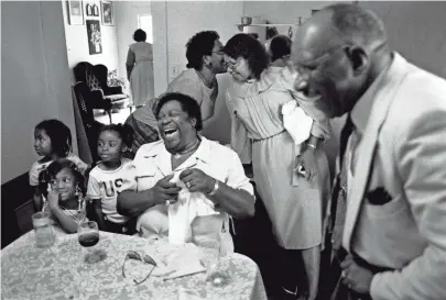  ?? JEFF MCADORY ?? B. B. King enjoys a laugh after lunch at the home of Minnie Belle Mills on Hannah Avenue in Indianola, Mississipp­i, on June 9, 1984. Later that evening he performed at the Mary Shepard Farm, south of Indianola. The annual B. B. King Blues Festival celebrates King who became a living blues legend since leaving Sunflower County's cotton fields about 1946 headed for Memphis. Born Riley King on a cotton plantation between Indianola and Itta Bena on September 16, 1925, he was later dubbed B.B. short for “Blues Boy.”