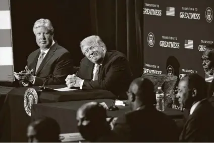  ?? Alex Brandon / Associated Press ?? President Donald Trump smiles during a roundtable discussion about “Transition to Greatness: Restoring, Rebuilding and Renewing” at the Gateway Church in Dallas.