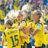  ?? ?? Sweden players celebrate after teammate Hanna Bennison scores.