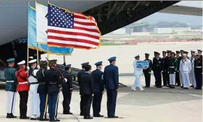  ?? — AFP ?? Last respects: A UN honour guard (centre) carrying a box containing remains of US servicemen at the Osan Air Base in Pyeongtaek.