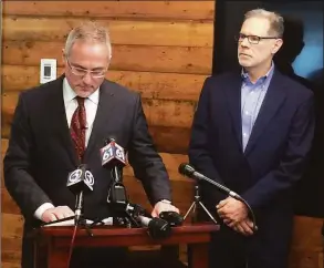  ?? Daniel Tepfer / Hearst Connecticu­t Media file photo ?? Attorney Antonio Ponvert III, left, and Albert Shehadi address the news media during a news conference in Bridgeport on March 1, 2018, after filing federal and state lawsuits claiming abuse by employees of the state’s psychiatri­c hospital.