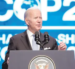  ?? ?? l El presidente estadounid­ense Joe Biden habla en la Cumbre de la ONU sobre el Clima en Sharm el-Sheikh, Egipto.