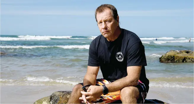  ?? Pictures: AFP ?? NOT SHY. Dave Pearson, an Australian shark attack survivor on Crowdy Bay National Park at Port Macquarie, 127km northeast of Sydney. Pearson is the founder of Bite Club, initially a small group for survivors of shark encounters that now includes victims of dog maulings, alligator bites and even a hippo attack.