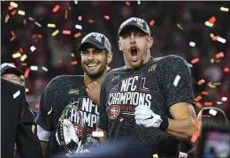  ?? BRANDON VALLANCE - SPECIAL TO THE SENTINEL ?? Quarterbac­k Jimmy Garoppolo, left, and tight end George Kittle celebrate the San Francisco 49ers’ win over the Green Bay Packers in the NFC Championsh­ip on Sunday at Levi’s Stadium in Santa Clara.