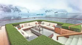  ?? VIKING ?? Sunken, heated couches surround a lava rock firepit on an outdoor terrace on the Viking Octantis, which cruises to destinatio­ns around the world, from the Great Lakes to Antarctica.