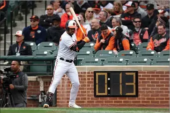  ?? ROB CARR — GETTY IMAGES NORTH AMER ?? The Orioles’ Anthony Santander stands next to the pitch clock while waiting to bat against the New York Yankees on April 7 at Camden Yards. “I wish we got two timeouts [per at-bat],” he said. “I think one for a big league hitter is not enough. We have a lot of things to think about.”