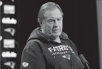  ?? STEVEN SENNE/AP PHOTO ?? Patriots head coach Bill Belichick faces reporters before Wednesday’s practice at Foxborough, Mass.