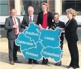  ??  ?? West Yorkshire council leaders at the devolution launch in Leeds. From the left, Clr Shabir Pandor (Kirklees), Clr Tim Swift (Calderdale), Clr Susan Hinchcliff­e (Bradford), Clr Judith Blake (Leeds) and Clr Denise Jeffrey (Wakefield)