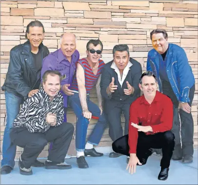  ?? [TOM ACKERMANN/SHA NA NA] ?? The present-day version of Sha Na Na includes, front, from left, saxophonis­t “Downtown” Michael Brown and drummer Ty Cox; back row, from left, guitarist Randy Hill, pianist “Screamin’” Scott Simon, singer Donny York, singer John “Jocko” Marcellino and bassist Tim Butler.