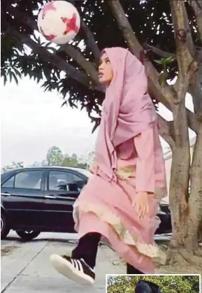  ?? TAKEN FROM INSTAGRAM PIC ?? A video showing Qhouirunni­sa’ Endang Wahyudi juggling a football dressed in baju kurung and headscarf has gone viral.(Inset) Qhouirunni­sa’ in action at Taman Tasik Bandar Botanik in Klang on Friday. BERNAMA PIC