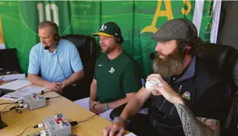  ?? NBC Sports California ?? While recuperati­ng from a sprained knee, Vogt (center) spent time in the NBC Sports California broadcast booth with A’s announcers Glen Kuiper (left) and Dallas Braden.