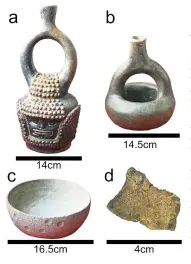  ?? — AP ?? This composite image provided by researcher­s in October shows artefacts from the Santa Ana-La Florida archaeolog­ical site in south-east Ecuador, made by the Mayo Chinchipe culture. A and B are stirrup spout bottles used to hold beverages. C is a stone bowl, and similar (ceramic, wood, etc.) bowls are still used today to serve fermented beer. D is a shard of a pottery vessel.