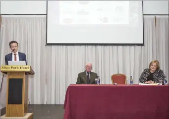  ??  ?? Austin O’Callaghan, MC with Don O’Connor, Sligo Races Chairman and Suzanne Eade of Horse Racing Ireland at the launch in the Sligo Park hotel. Pics: Donal Hackett.