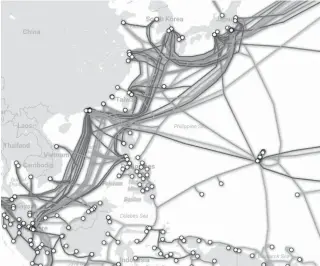  ?? ILLUSTRATI­ON BY TELEGEOGRA­PHY ?? Several underwater cable systems were damaged by recent typhoons, leaving Southeast Asia with slower Internet connection.