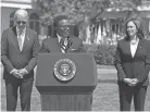  ?? EVAN VUCCI/AP ?? President Joe Biden and Vice President Kamala Harris listen as Garnell Whitfield Jr., who lost his mother, Ruth Whitfield, in the Tops market shooting May 14 in Buffalo, N.Y., speaks Monday on the South Lawn of the White House in Washington.