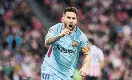  ?? FOTO: EFE ?? Leo Messi celebra la primera diana del Barça frente al Athletic Club durante un partido de La Liga en el estadio San Mamés, en Bilbao