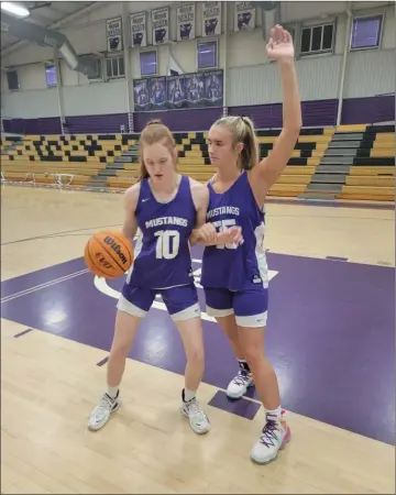  ?? DWAIN HEBDA/CONTRIBUTI­NG PHOTOGRAPH­ER ?? CAC’s Livian Burton, right, guards the post against teammate Riley Bryant. Both forwards are returning starters, providing experience and senior leadership to this year’s squad.