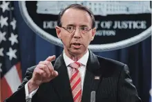  ?? EVAN VUCCI THE ASSOCIATED PRESS ?? Deputy Attorney General Rod Rosenstein announced the indictment of Russian intelligen­ce officers in Washington on Friday. The Russians are accused of harming the presidenti­al election bid of Hillary Clinton.