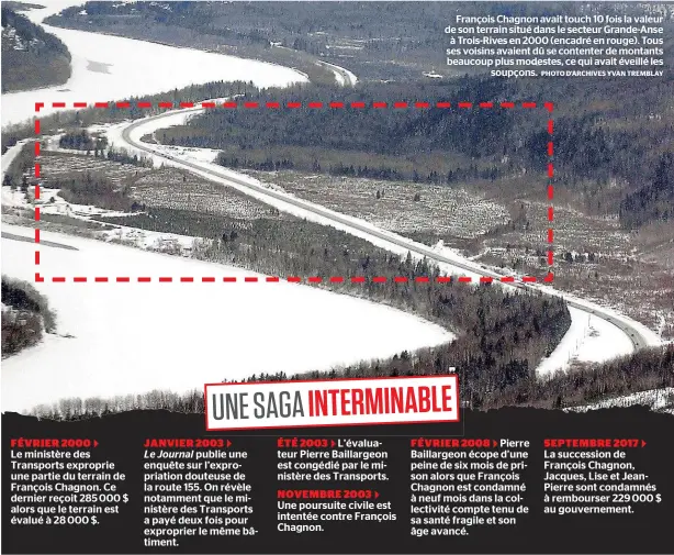  ?? PHOTO D’ARCHIVES YVAN TREMBLAY ?? François Chagnon avait touch 10 fois la valeur de son terrain situé dans le secteur Grande-Anse à Trois-Rives en 2000 (encadré en rouge). Tous ses voisins avaient dû se contenter de montants beaucoup plus modestes, ce qui avait éveillé les soupçons.