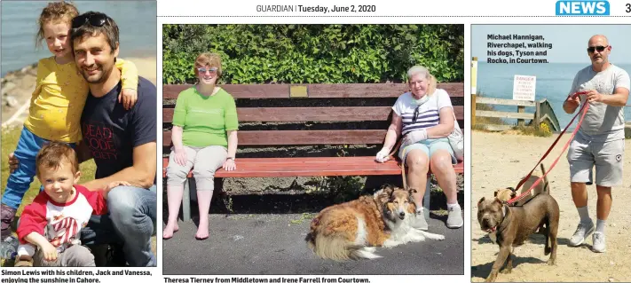  ??  ?? Simon Lewis with his children, Jack and Vanessa, enjoying the sunshine in Cahore.
Theresa Tierney from Middletown and Irene Farrell from Courtown.
Michael Hannigan, Riverchape­l, walking his dogs, Tyson and Rocko, in Courtown.