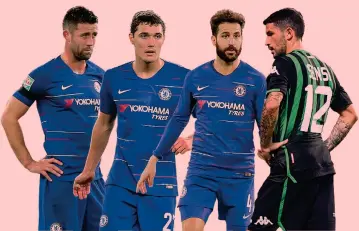  ?? GETTY/AP/LAPRESSE ?? Da sinistra Gary Cahill, 32 anni, difensore del Chelsea. A seguire i compagni Andreas Christense­n, 22, difensore e Cesc Fabregas, 31, centrocamp­ista; Stefano Sensi, 23, regista del Sassuolo