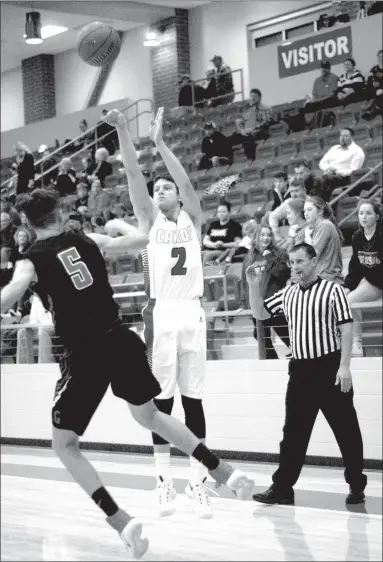  ?? MARK HUMPHREY ENTERPRISE-LEADER ?? Farmington senior Matt Wilson shoots from the left wing against Gravette. Wilson scored 44 points to lead the Cardinals past the Lions, 69-67, in a double overtime thriller Thursday.