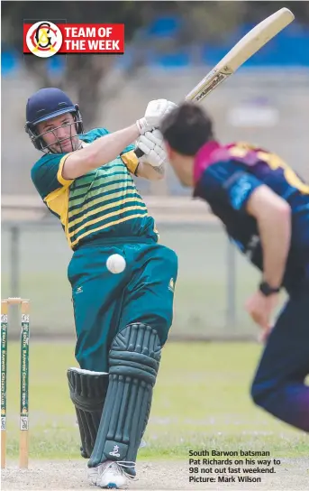  ?? ?? South Barwon batsman Pat Richards on his way to 98 not out last weekend. Picture: Mark Wilson