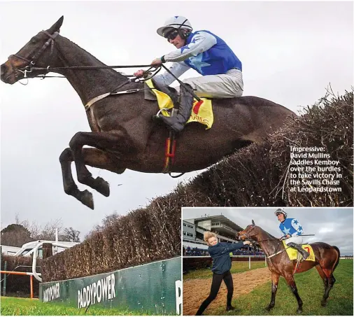  ??  ?? Impressive: David Mullins saddles Kemboy over the hurdles to take victory in the Savills Chase at Leopardsto­wn