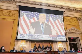  ?? Kent Nishimura/Los Angeles Times ?? An image of former President Donald Trump is projected on a monitor during an Oct. 13 hearing of the House committee investigat­ing the Jan. 6, 2021, insurrecti­on at the U.S. Capital.