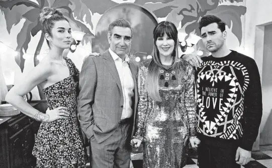  ?? POP TV ?? Annie Murphy, from left, Eugene Levy, Catherine O’Hara and Dan Levy star in the series “Schitt’s Creek,” which is nominated for an Emmy Award for outstandin­g comedy series.