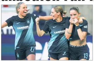  ?? USA TODAY Sports ?? HEADS-UP MOVE: Gotham FC’s (from left) Maitane Lopez and Esther Gonzalez celebrate Ella Stevens’ game-deciding header in the 90th minute Sunday.
