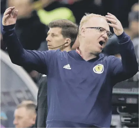  ??  ?? 0 Scotland manager Alex Mcleish shows his frustratio­n during his side’s humiliatin­g 3-0 defeat by Kazakhstan at Astana Arena.
